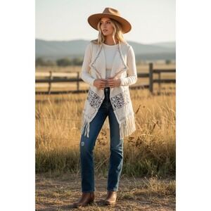 Miss Me Womens Cream Tribal Print Fringe Lace Knit Vest Sleeveless Cardigan L